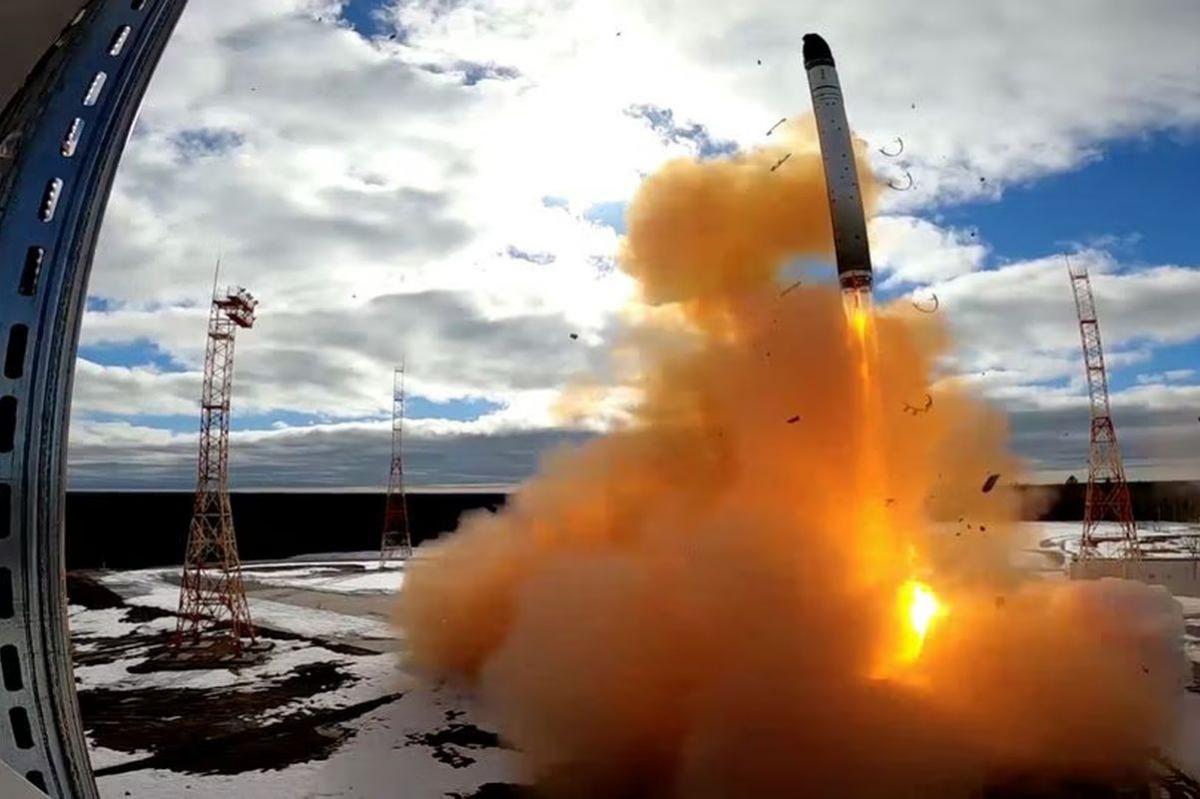 A Sarmat intercontinental ballistic missile is test-launched by the Russian military at the Plesetsk cosmodrome in Arkhangelsk region, Russia.